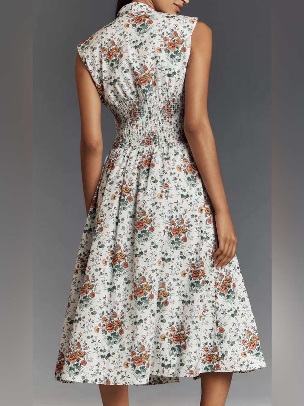 NWT Maeve Tommie Cap Sleeve Smocked Zip Front Midi Dress White Multi Floral 2X - Picture 2 of 8